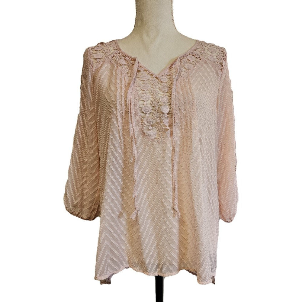 Bila Sheer Crochet Flowy Blush Pink 3/4 Sleeve Peasant Top Size S Cottagecore